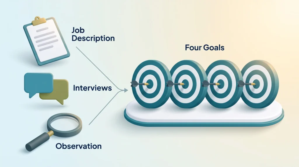 First 90 Days Plan Measurable Goals A job description, interview speech bubbles and a magnifying glass for observation feed into four targets, the four goals of a first 90 days plan.
