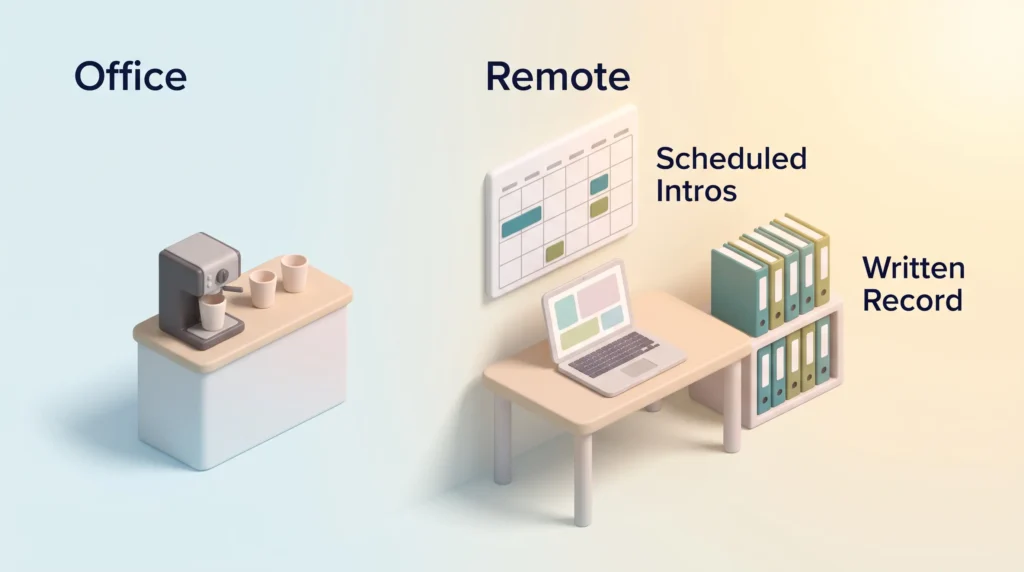 Starting a New Role Remotely An office coffee corner beside a home desk with a calendar of scheduled intros and a shelf of folders as the written record when starting a new job remotely.