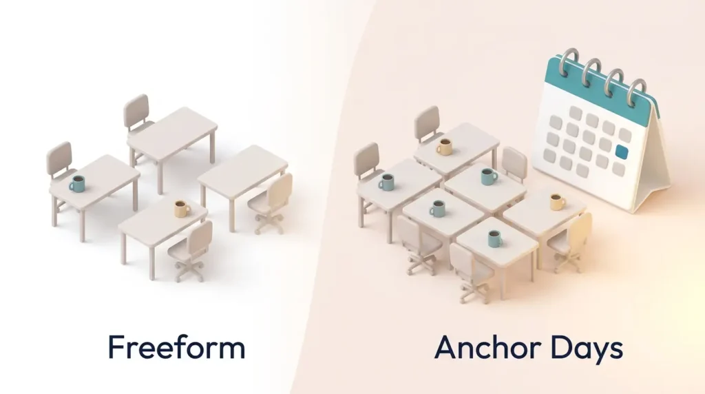 Hybrid Work Models Freeform vs Anchor Days Hybrid work models compared: scattered, sparsely used desks under freeform choice versus a full desk cluster beside a calendar with one shared anchor day