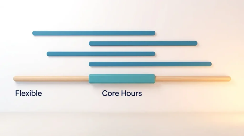 Core Hours in Flexible Working Hours Flexible working hours shown as staggered individual work patterns that all overlap during a shared band of core hours in the middle of the day