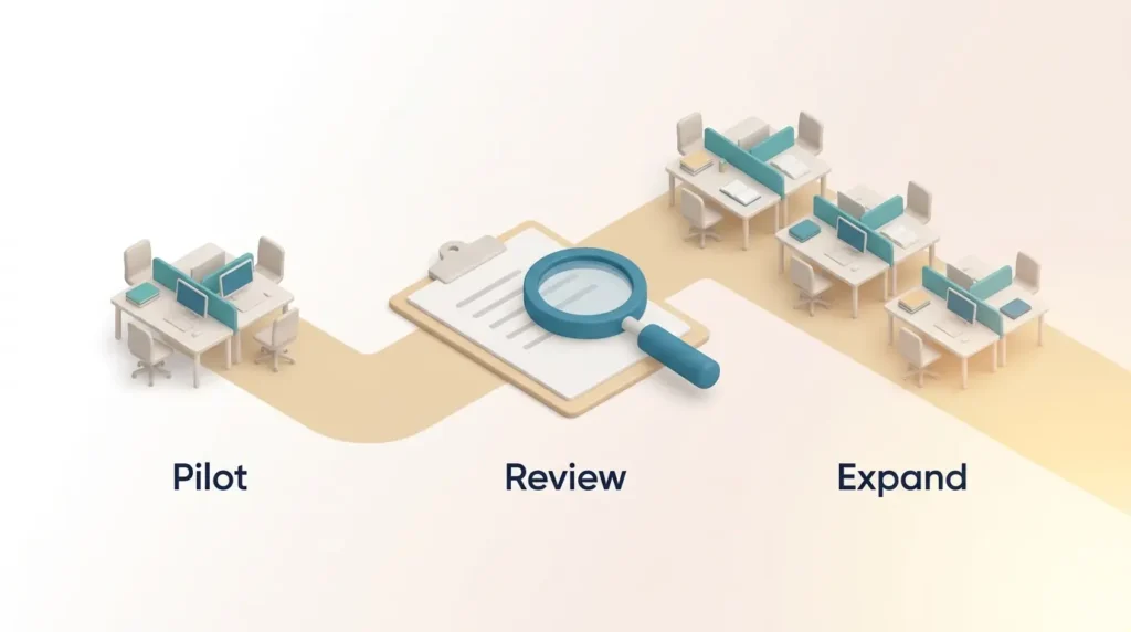 Rolling Out a Flexible Schedule Policy Schedule flexibility rollout path: a pilot with one team, a review of structured feedback, then expansion to three teams