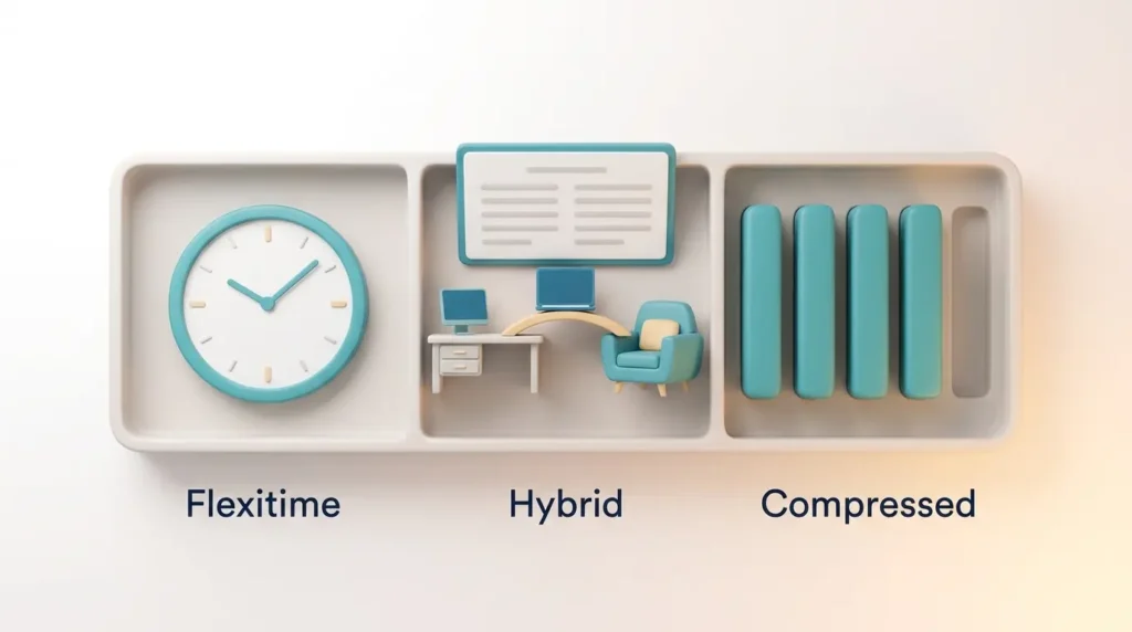 Flexible Work Schedule Types Compared Flexible work schedules shown as three tools: a clock for flexitime, a laptop between office and home for hybrid, four of five blocks for compressed weeks