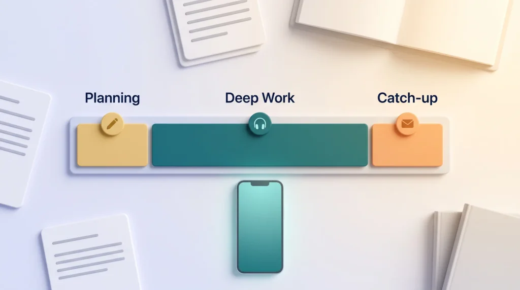 Day planner with planning, deep work and catch-up blocks, each with its own profile, and a phone following the long deep work block.
