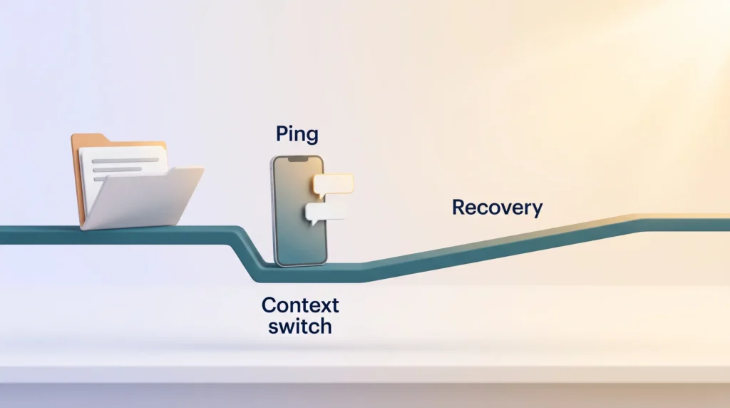 A work track dips sharply at a phone ping and climbs back slowly, showing why focus mode matters: a quick context switch, then a long recovery.