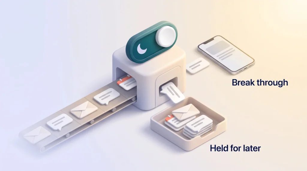 Sorting station with a moon toggle lets one urgent alert break through to the phone and holds the rest for later, to reduce interruptions.
