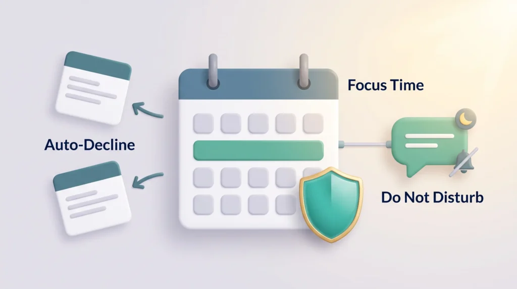 Focus Time Auto-Decline and Do Not Disturb Calendar with a shielded focus time block that auto-declines meeting invites and sets the linked chat to do not disturb.