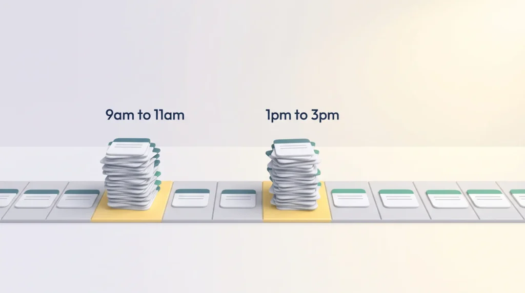 Meetings Crowding Peak Focus Hours Day timeline where meeting cards pile up between 9am and 11am and 1pm and 3pm, the hours a focus time policy aims to protect.