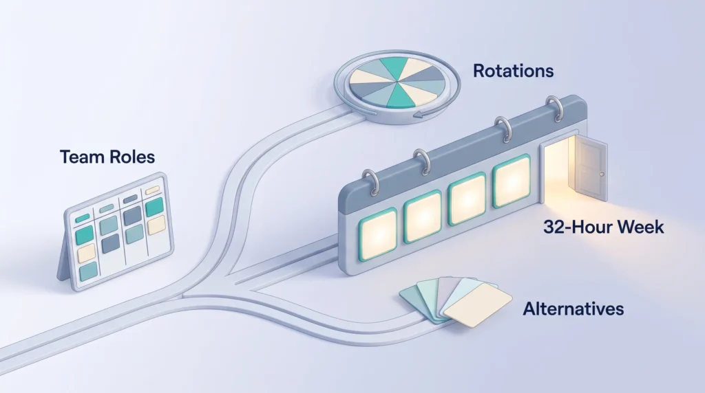 Four-Day Workweek Decision Framework Team roles branch into three paths: rotations for coverage teams, a 32-hour workweek calendar for project teams, and alternative schedules