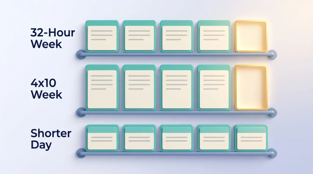 Four-Day Workweek Schedule Types Four-day workweek models compared: a 32-hour week and a 4x10 week with longer days both free one day, while a shorter day keeps five brief days