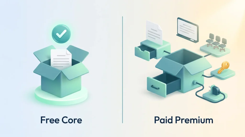 Freemium model shown as a free core box that finishes a real task next to a paid premium version with extra storage, seats, admin key and integrations.