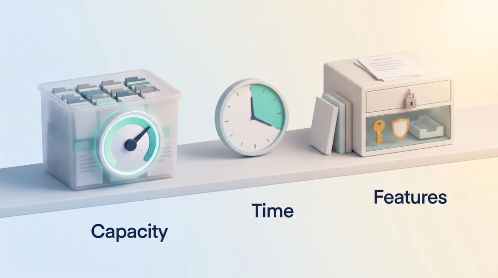 Three types of free tier limits side by side: a capacity gauge on a full storage box, a time window on a clock and a locked drawer of premium features.