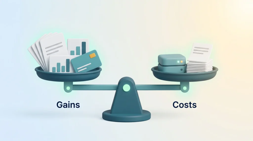 Balance scale weighing freemium gains such as sign-ups, usage data and recurring revenue against the costs of hosting and support tickets.