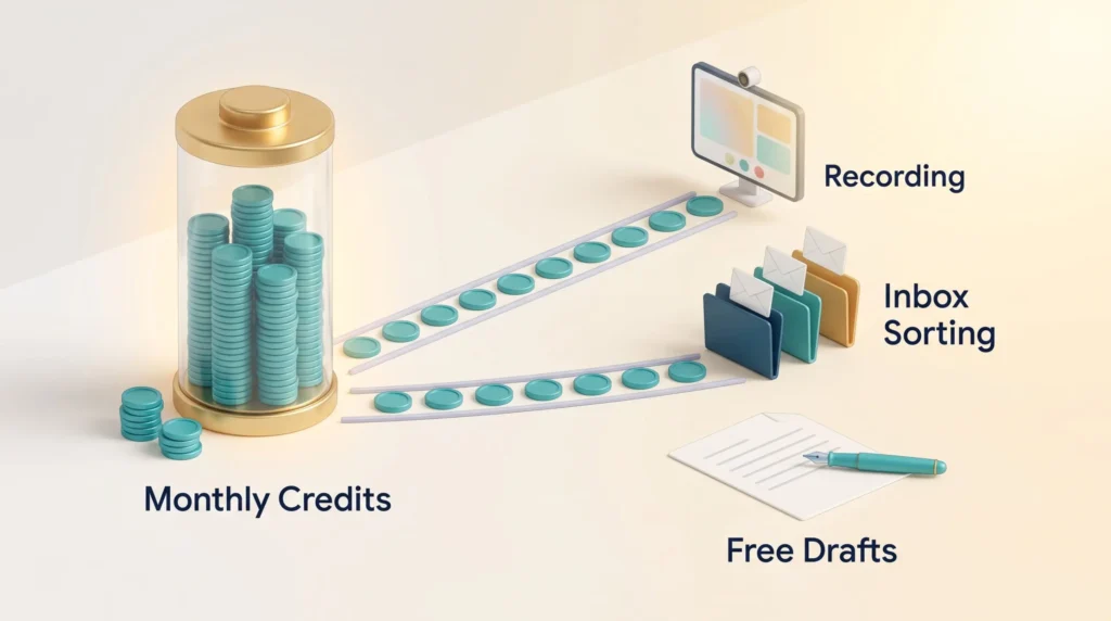 Fyxer AI pricing credits: a monthly credit budget feeds meeting recording and inbox sorting, while drafted replies stay free.