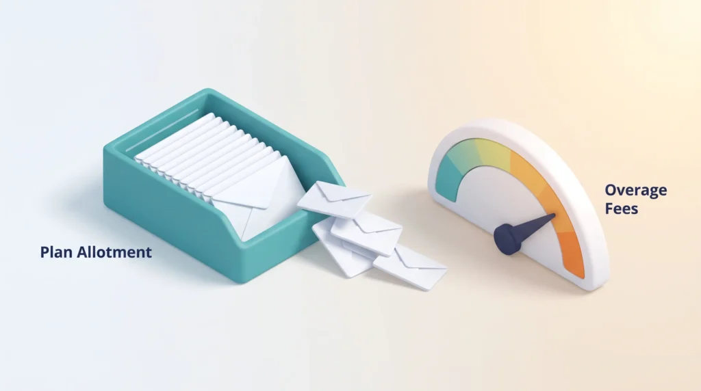 Fyxer AI Pricing Overage Fees Fyxer AI pricing overage trap: a mail tray filled to the plan allotment overflows and pushes the cost gauge into overage fees.