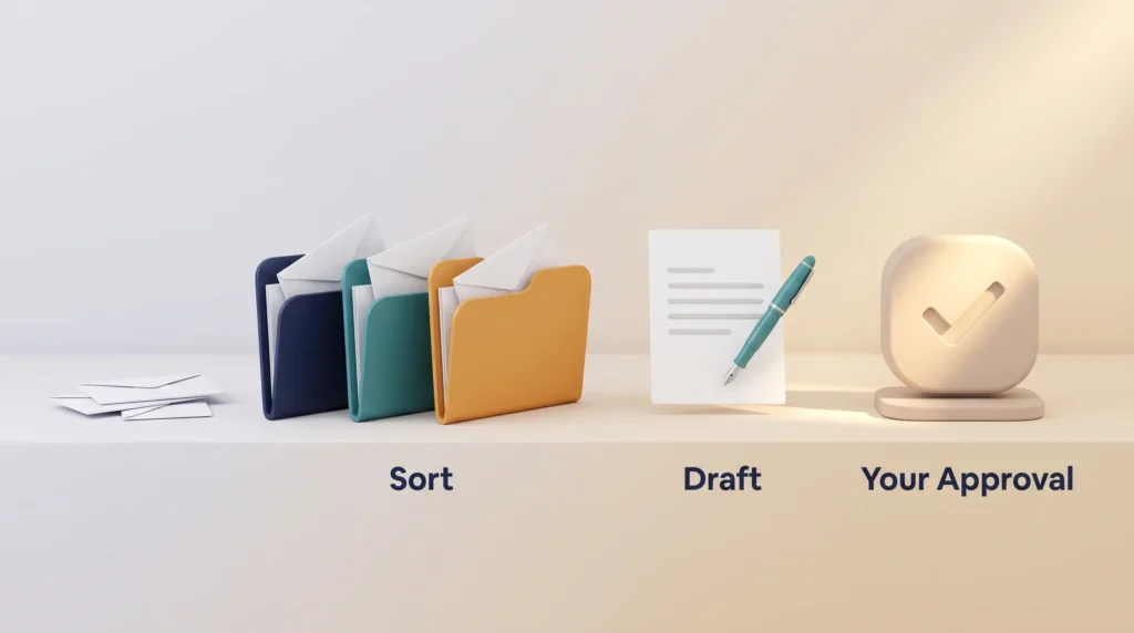 Fyxer Sort, Draft and Approval Flow Fyxer review of the AI email workflow: incoming mail is sorted into folders, a reply is drafted, and sending waits for your approval.