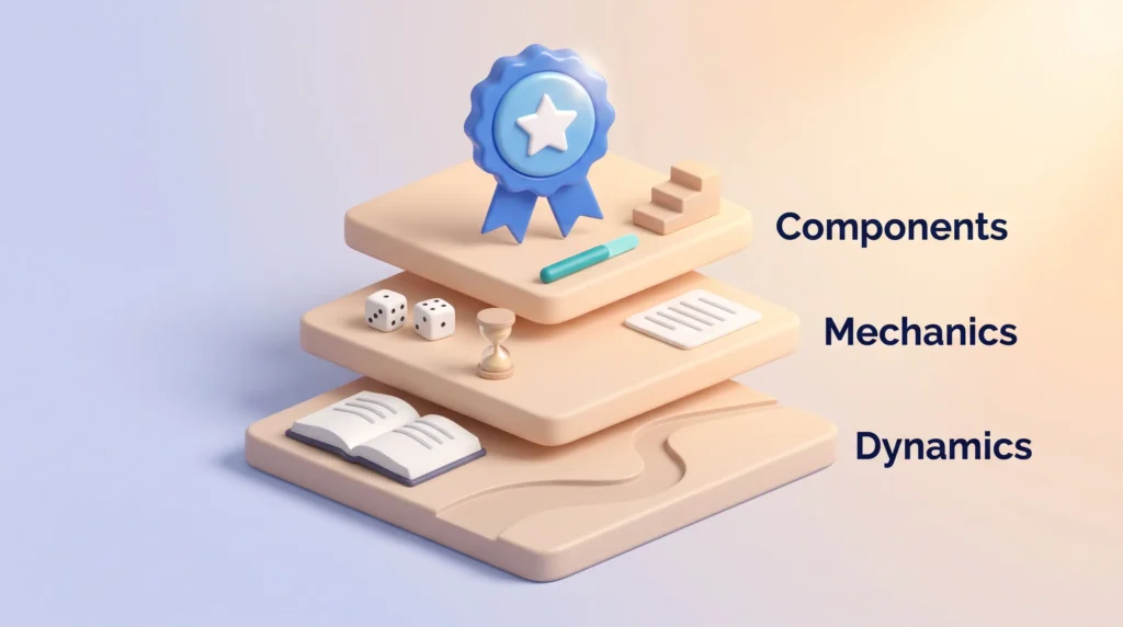 Game Elements in Three Layers Game elements as three stacked layers: Dynamics with a story book, Mechanics with dice and an hourglass, Components with a star badge and progress bar.