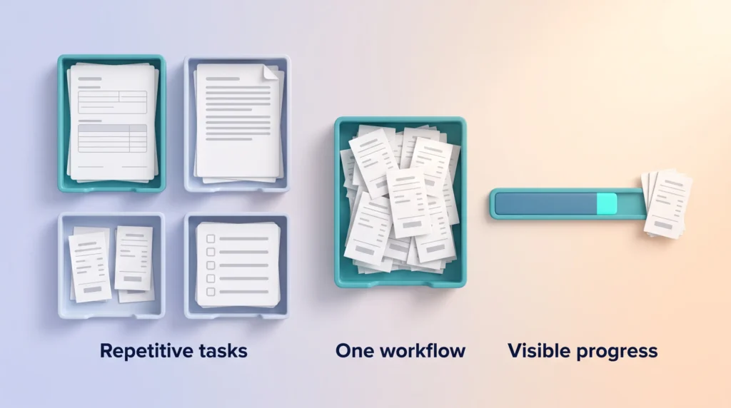 Choosing One Workflow to Gamify How to gamify tasks: one high-volume tray of receipts is picked from several repetitive task trays and paired with a progress bar for visible progress.
