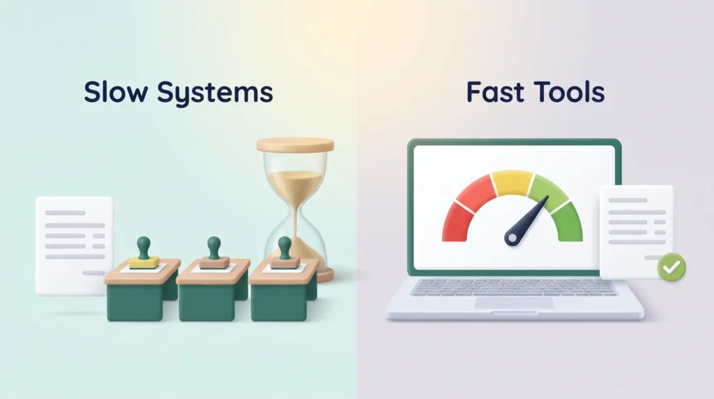 Slow systems with three approval stamps and an hourglass beside fast tools on a laptop with a green speed gauge.