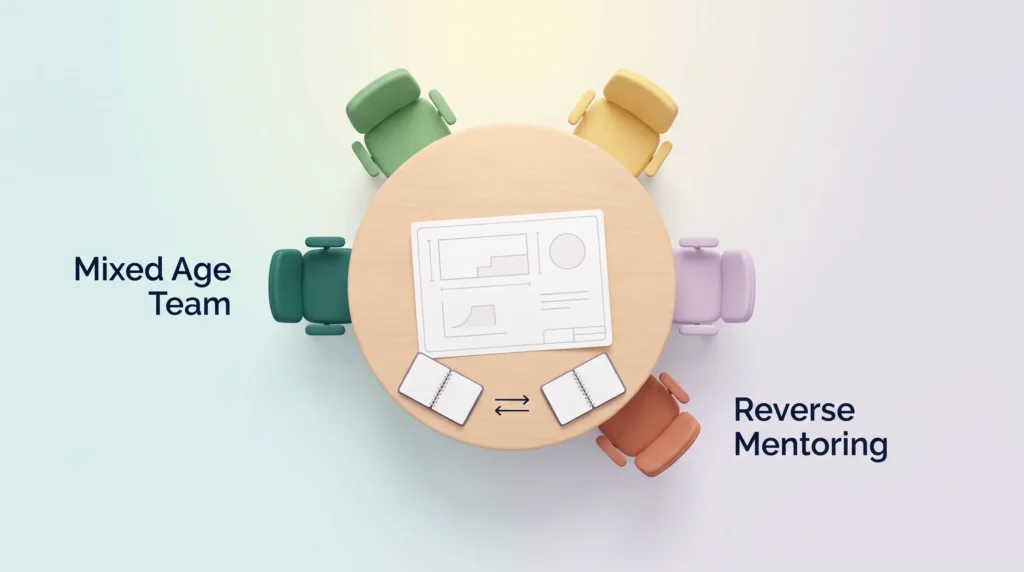 Round project table with five differently colored chairs and two notebooks, representing a mixed-age team.