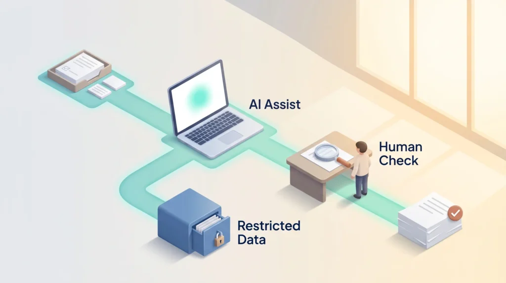 Gen Z AI at work flow where tasks pass an AI assist laptop and a human check desk, while restricted data is diverted into a locked drawer.
