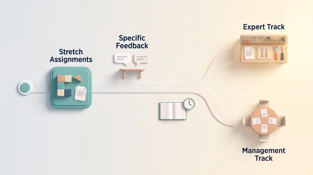 Gen Z career development path via stretch assignments, specific feedback and learning time, splitting into an equal expert track and management track.