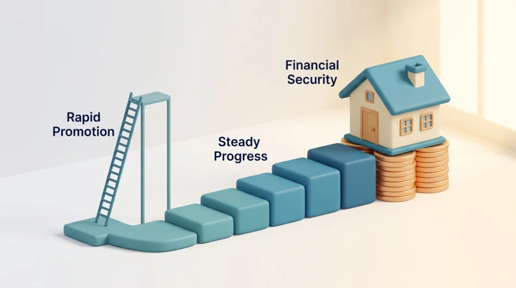 Gen Z workplace expectations shown as a steep ladder to rapid promotion versus steady progress steps leading to a house on coins for financial security.