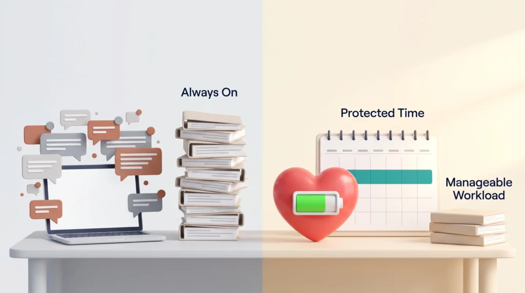 Always on desk buried in chat notifications and folders beside a calm desk with protected time, a manageable workload and a recharged heart battery.