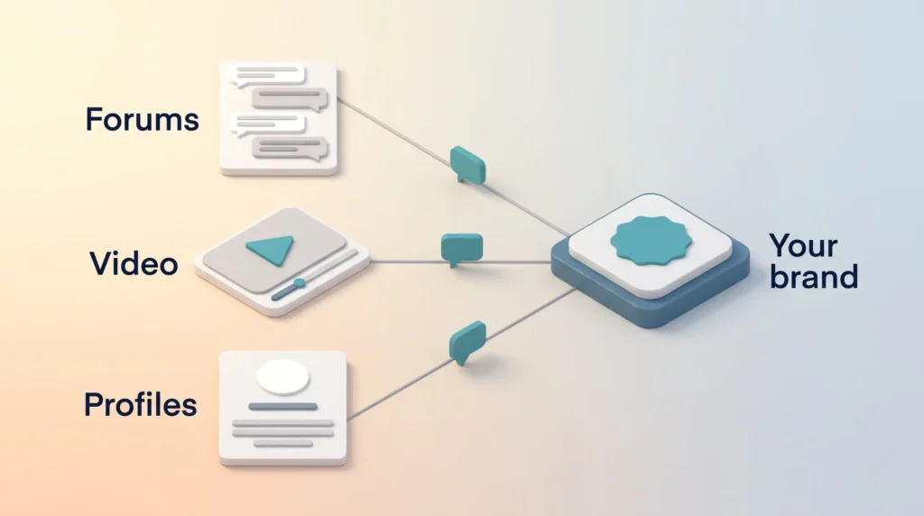 Brand Mentions Across Platforms Mentions from forums, video platforms and professional profiles flow to one brand tile, building AI search visibility.