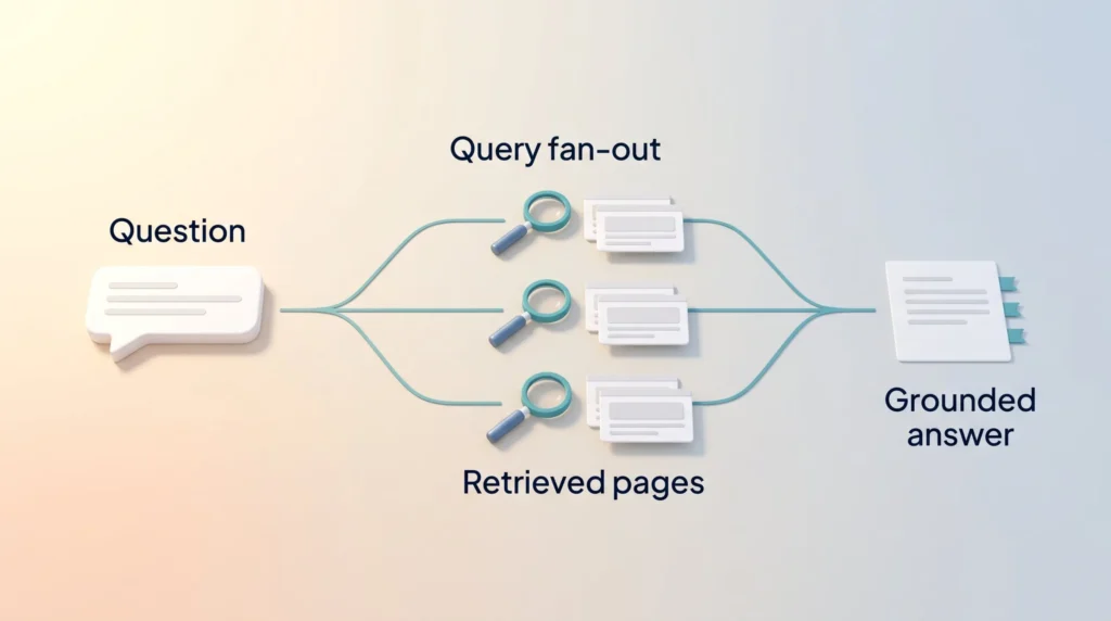 Query Fan-Out in AI Search Generative engine optimization: one question fans out into related searches, and the retrieved pages form a grounded answer with citations.
