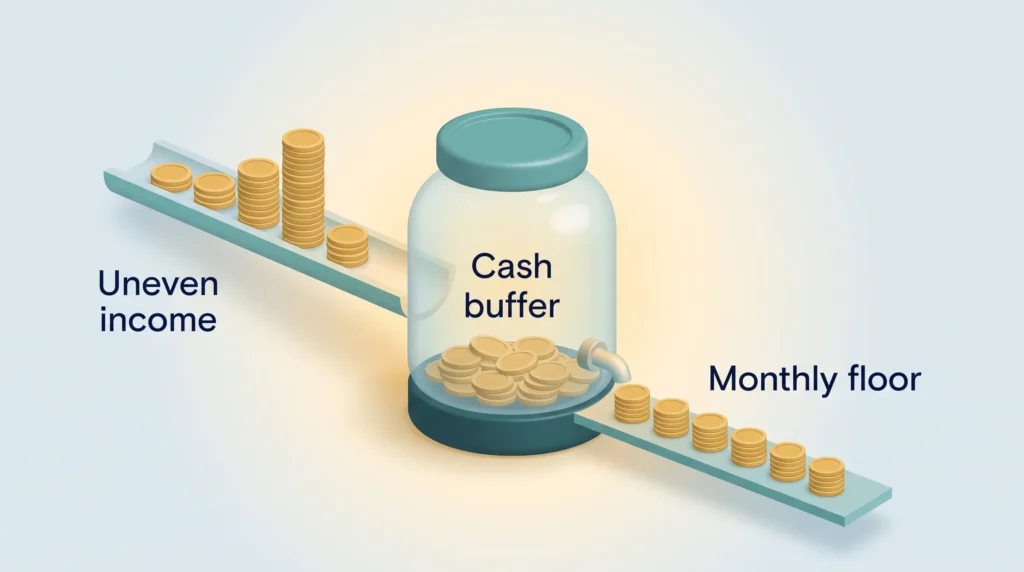 Gig Economy Income Cash Buffer Uneven coin stacks flowing into a cash buffer jar that pays out equal stacks, showing how independent workers create a monthly income floor