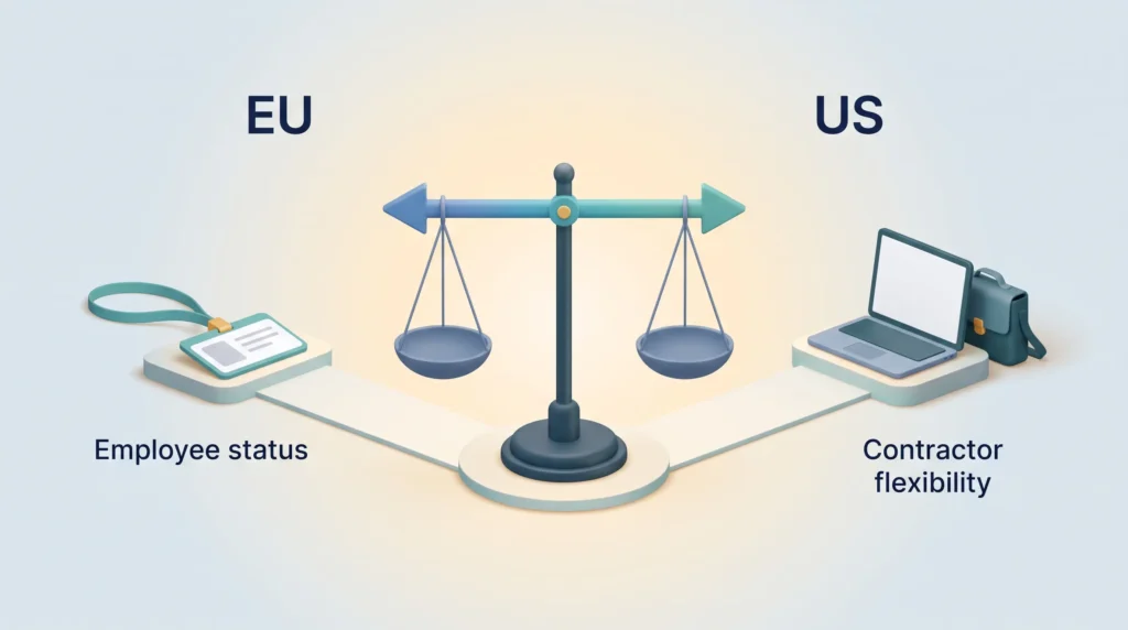 Gig Economy Regulation EU vs US Balance scale with arrows pointing apart as EU rules move gig workers toward employee status and US rules toward contractor flexibility