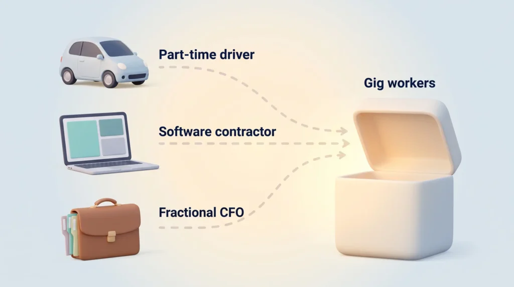 Gig Economy Statistics and Worker Definitions Gig economy statistics illustrated as a part-time driver, a software contractor and a fractional CFO all counted in one gig workers box