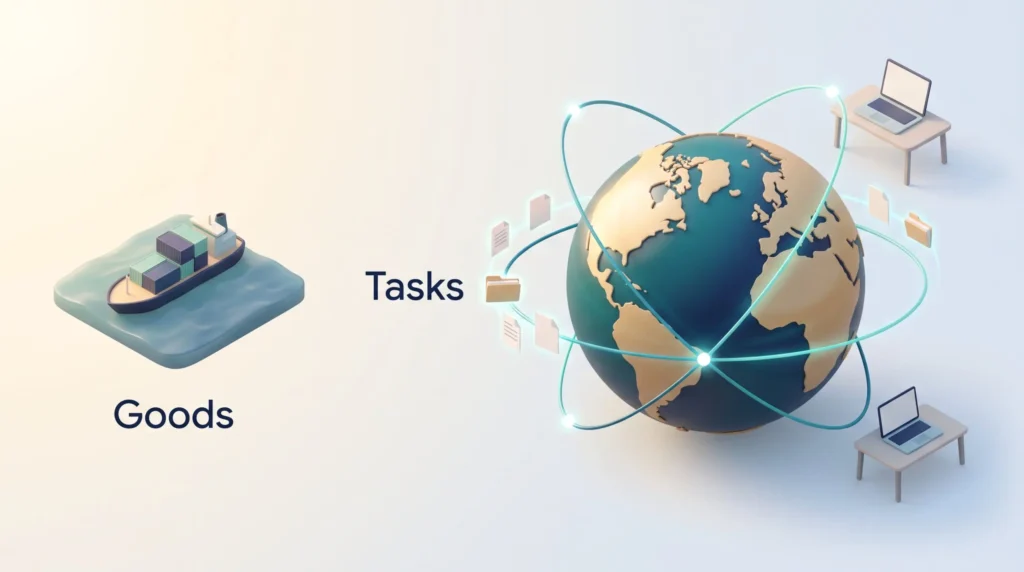 Globalization and the future of work shown as a cargo ship for goods beside a globe whose orbit lines carry task files to distant laptops
