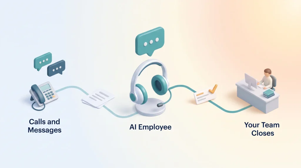 GoHighLevel AI Employee Handoff HighLevel review of the AI Employee: a headset handles inbound calls and messages, then hands a booked appointment to the team that closes.