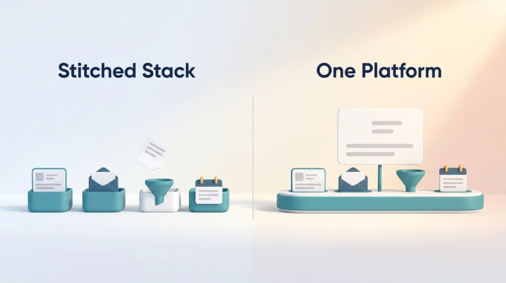 GoHighLevel All in One Platform vs Stitched Stack GoHighLevel review illustration comparing a stitched stack of separate CRM, email, funnel and calendar tools with one platform sharing one contact record.