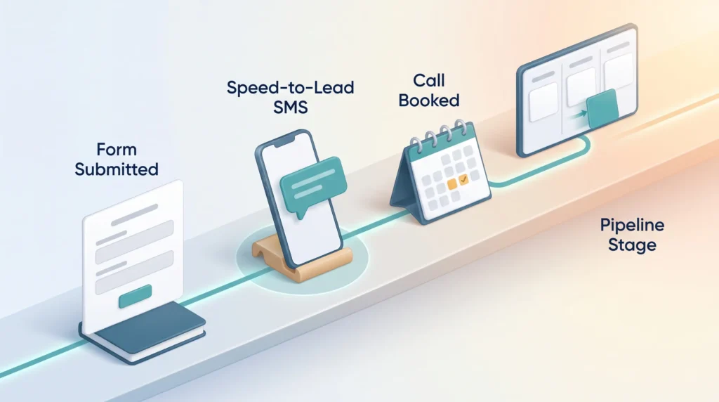 GoHighLevel Automation Workflow Automation workflow in GoHighLevel from form submitted to speed-to-lead SMS, call booked and a pipeline stage change on a kanban board.