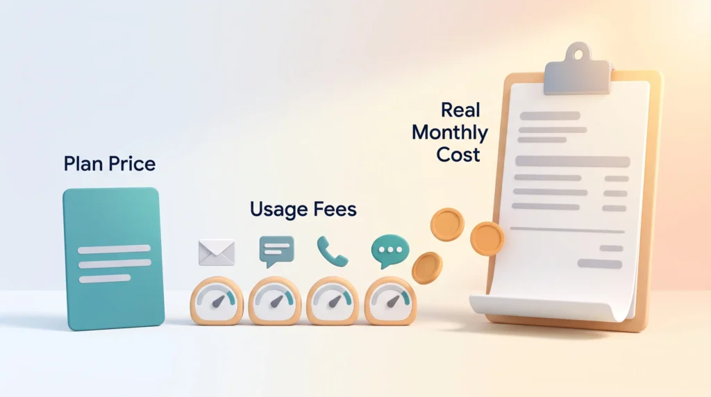GoHighLevel Real Monthly Cost GoHighLevel pricing 2026 illustration: plan price plus email, SMS, call and AI usage fees add up to a higher real monthly cost on the invoice.
