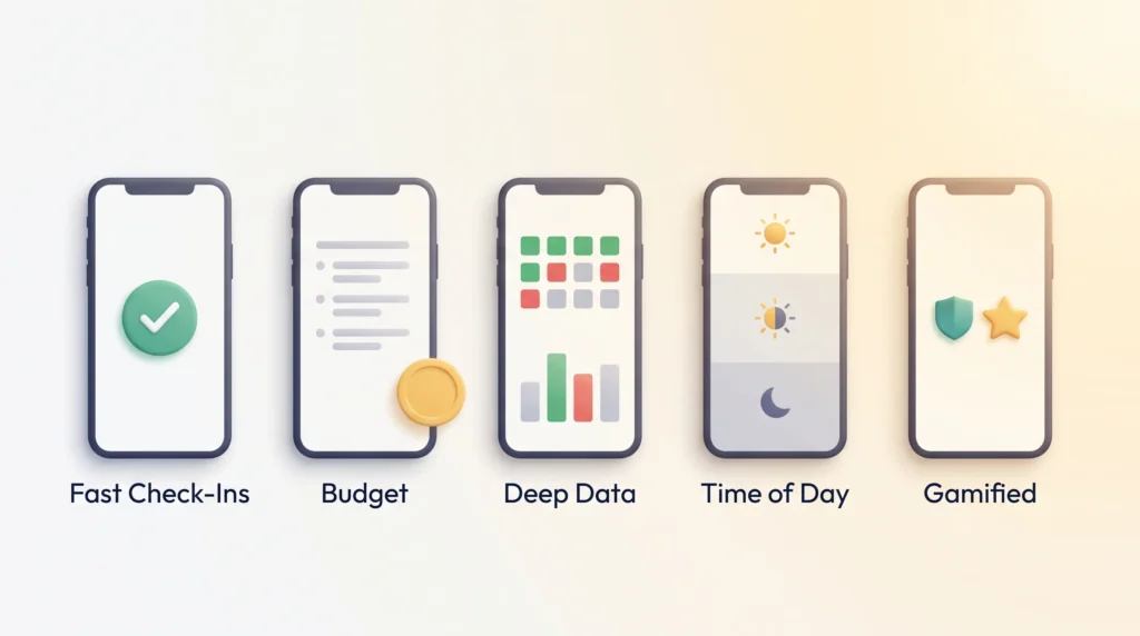Five phones showing what the best habit tracker app can focus on: fast check-ins, budget, deep data, time of day and gamified routines.