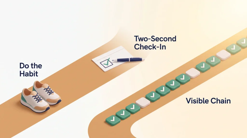 Habit tracker template idea: running shoes, a two-second check-in on a card, then a visible chain of green checkmark tiles with a few gaps.
