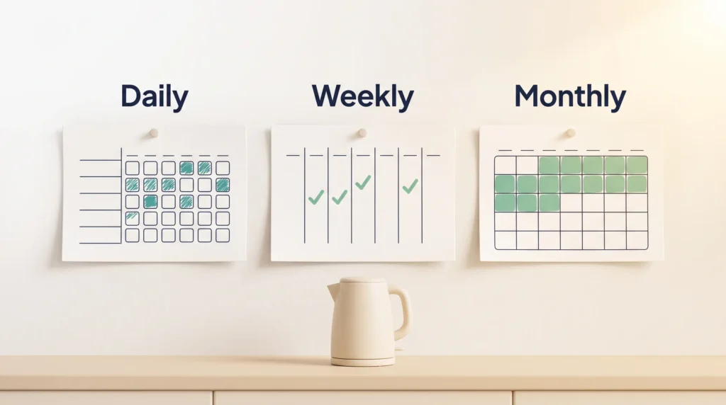 Daily, weekly and monthly paper habit grids pinned on a kitchen wall above a kettle, so daily check-ins stay in view every morning.