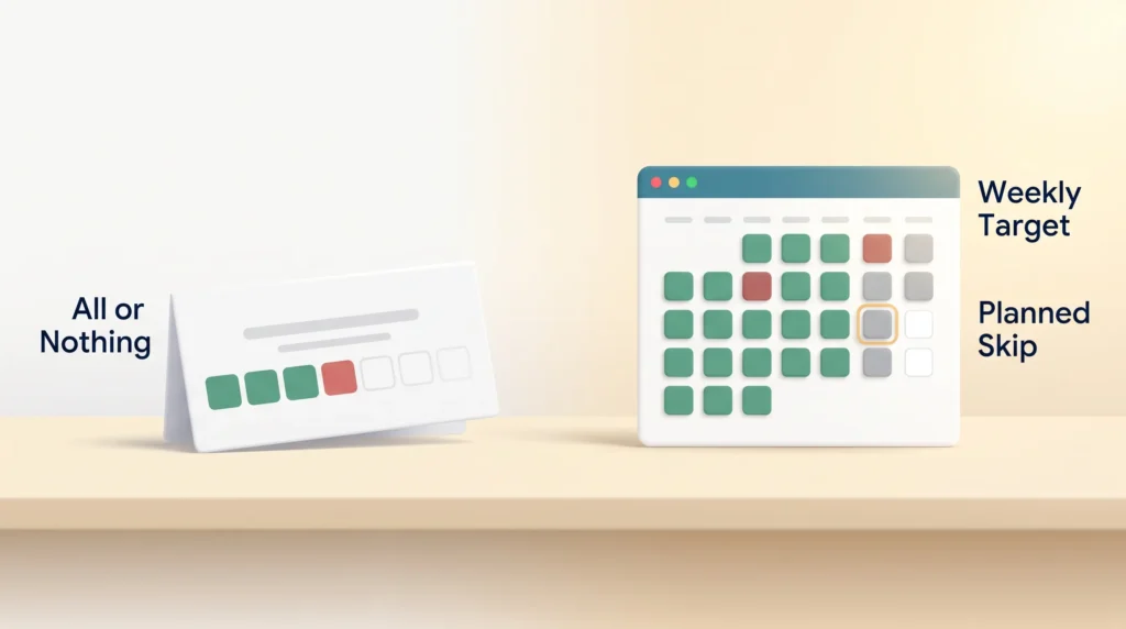 All-or-nothing daily card collapsing after one miss next to a habit tracking app calendar with a weekly target and a planned skip day.