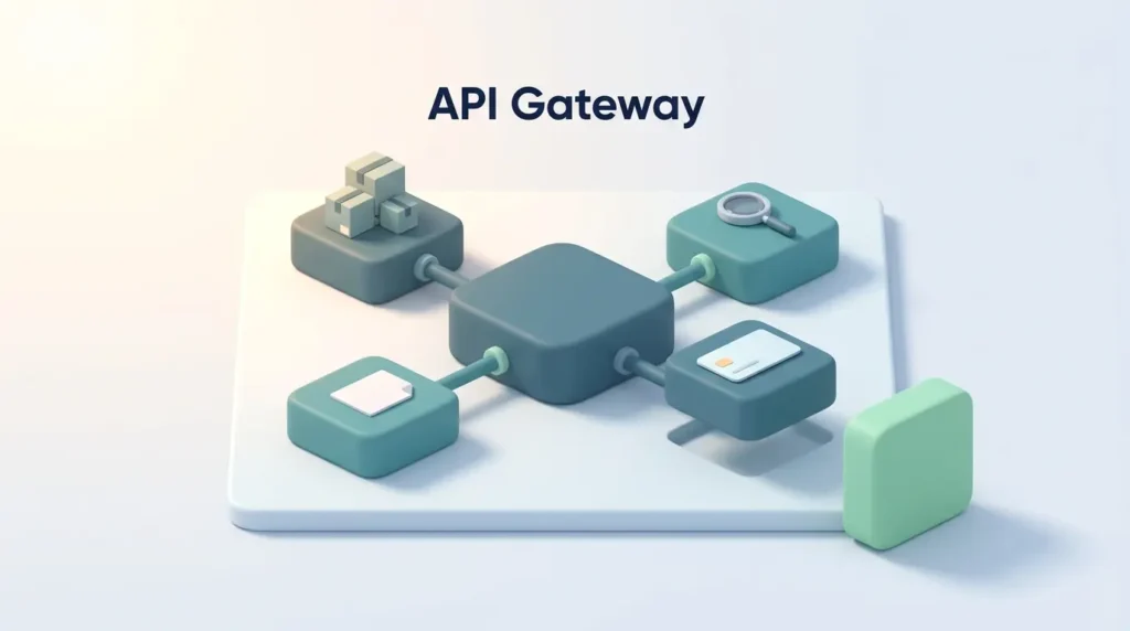 Composable commerce stack with an API gateway at the center and a payment module being swapped while the other modules stay.