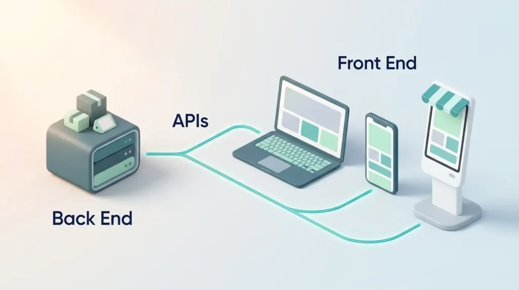 Headless commerce diagram: one back end sends data through APIs to a laptop, a phone and an in-store kiosk as separate front ends.