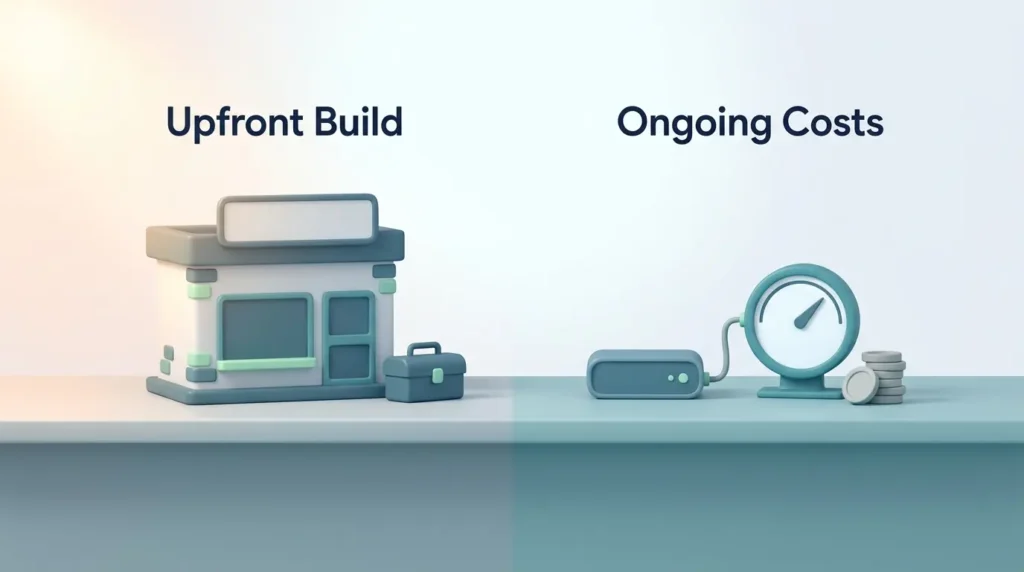 Cost split between an upfront storefront build and the ongoing hosting and API usage costs that keep running afterwards.