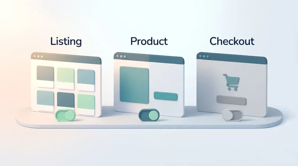 Phased rollout of listing, product and checkout pages, each switched on in turn with a feature flag toggle.