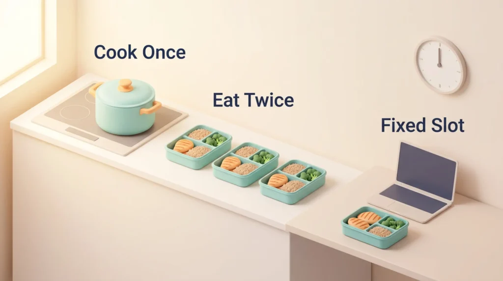 Healthy Eating Habits Meal Prep Workflow Healthy eating habits as a workflow: cook once in one pot, eat twice from prepared lunch boxes, then lunch at a fixed slot by the desk