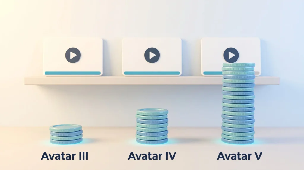 HeyGen credits for the same minute of video: a small coin stack for Avatar III, a taller one for Avatar IV and a far taller one for Avatar V