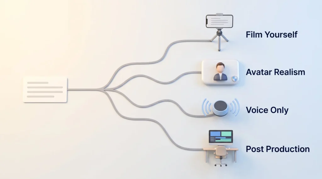 Choosing a HeyGen Alternative One video job branching to four tool types: filming yourself, avatar realism, voice only text to speech and post production in a real editor