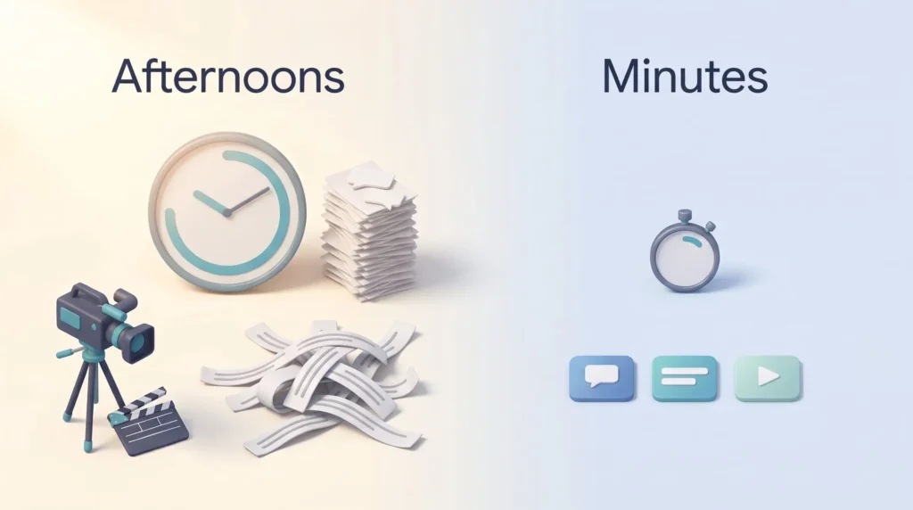 AI Avatar Video Time Savings AI avatar video time savings: translation, captions and re-recording that once took afternoons now done in minutes, shown by a clock and a stopwatch