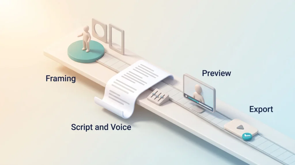 HeyGen Review Video Workflow HeyGen review of the video workflow: a presenter on a stage, a curled script with voice sliders, a preview monitor and an exported video tile